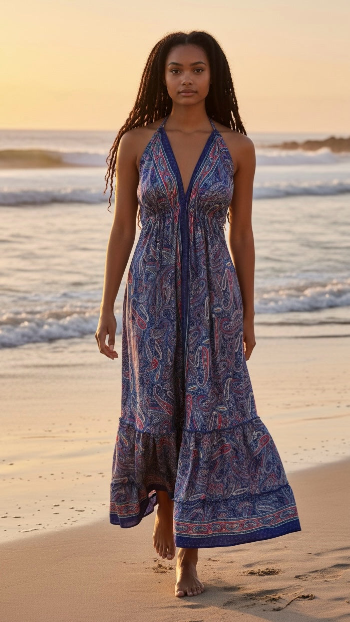 Ariel La Boutique bohemian halter maxi dress with blue and pink paisley print, worn by a model on a beach at sunset.
