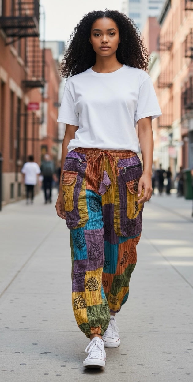 Ariel La Boutique bohemian patchwork cargo joggers with earth tones and patterns worn by a woman on a city street.
