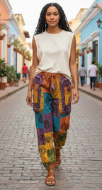 Ariel La Boutique bohemian patchwork cargo joggers with multi-colored patterns, elastic waist, and zipper pockets.