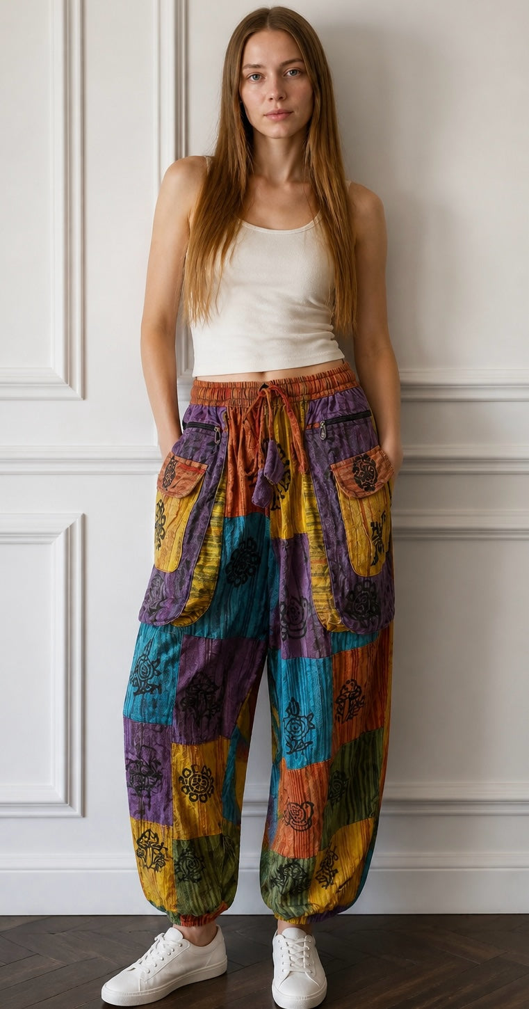 Ariel La Boutique bohemian patchwork cargo jogger pants with multi-colored patterns, drawstring waist, and pockets.