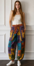 Ariel La Boutique bohemian patchwork cargo jogger pants with multi-colored patterns, drawstring waist, and pockets.