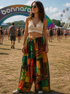 Ariel La Boutique bohemian patchwork wide-leg trousers in earthy tones worn by a woman at a summer music festival.