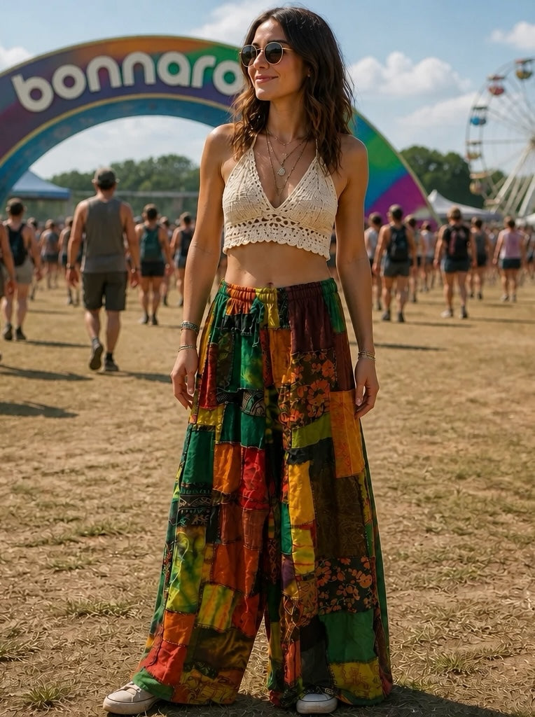 Ariel La Boutique bohemian patchwork wide-leg trousers in earthy tones worn by a woman at a summer music festival.