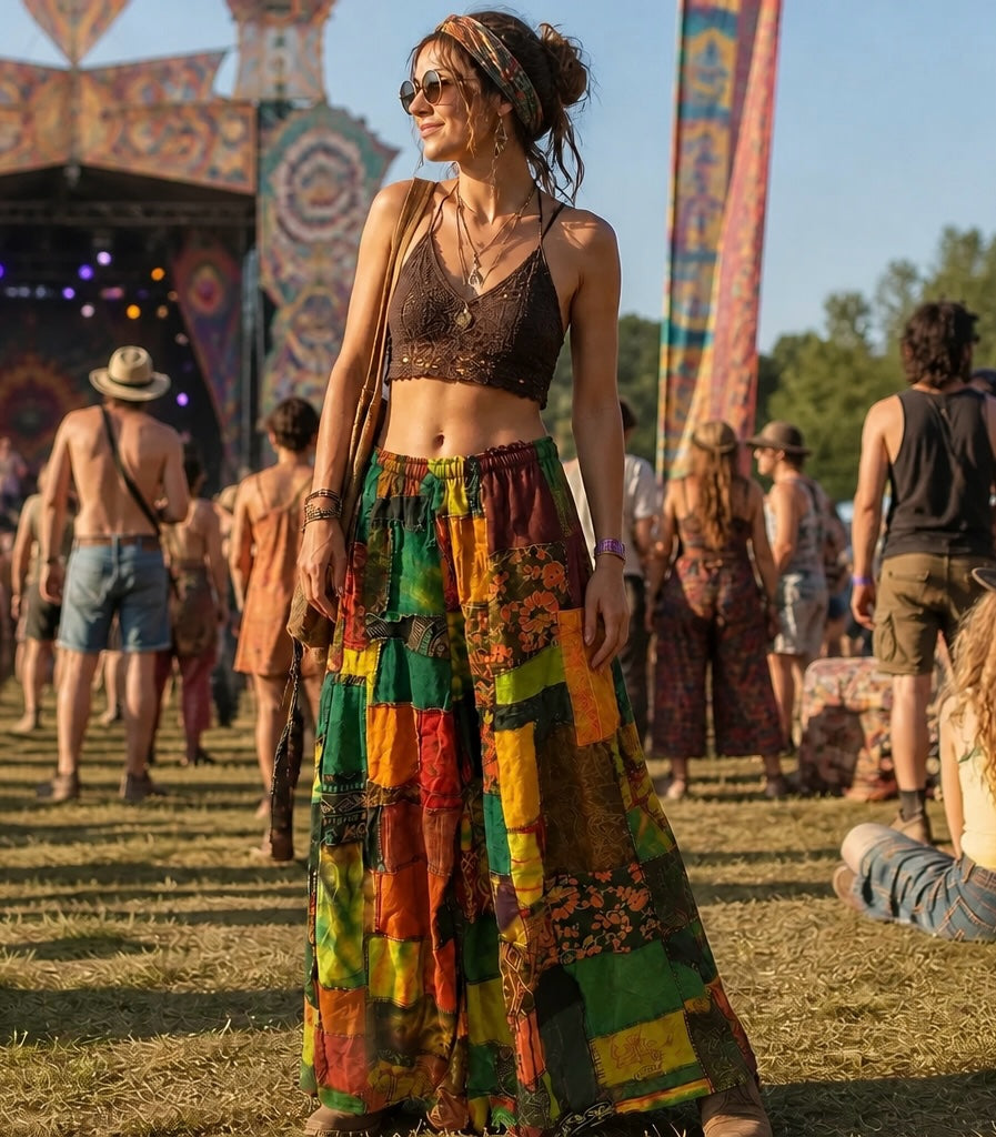 Ariel La Boutique bohemian patchwork wide-leg trousers in earthy tones worn by a woman at a summer music festival.