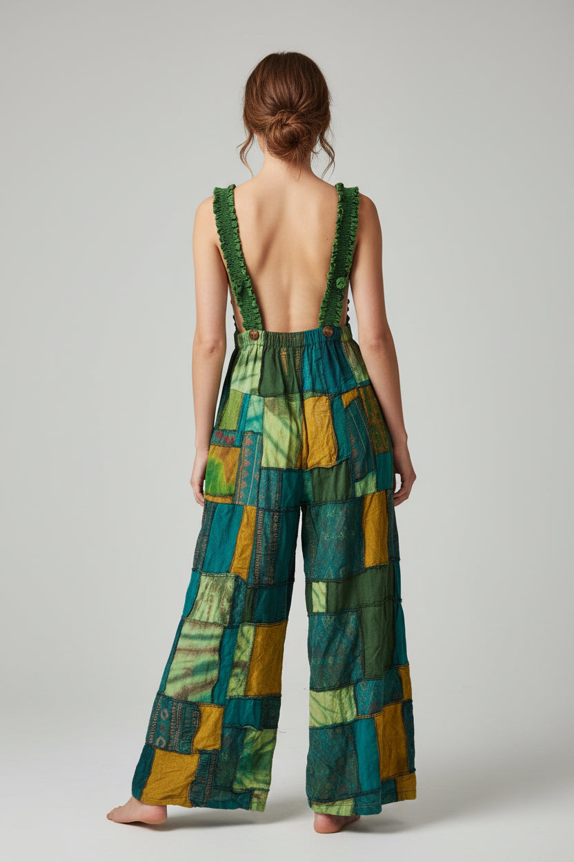 Ariel La Boutique bohemian patchwork overall dress in teal, green, and mustard yellow cotton with wide shirred straps.