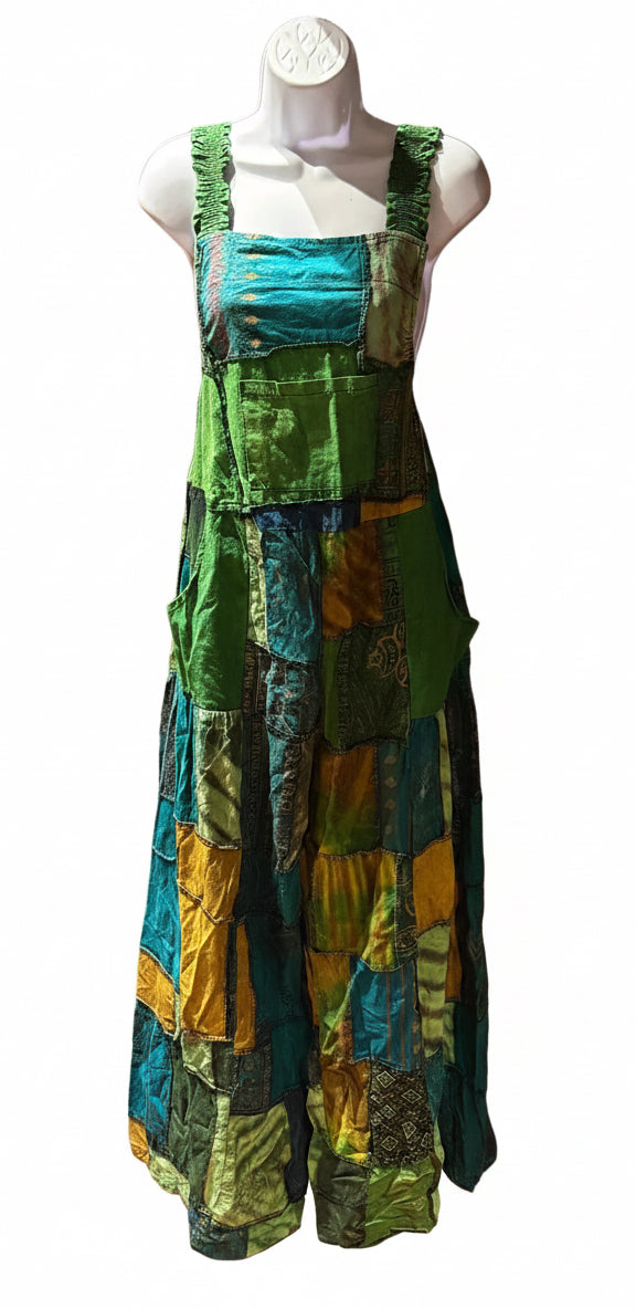 Ariel La Boutique bohemian patchwork overall dress in vibrant green, teal, and mustard yellow cotton with pockets.