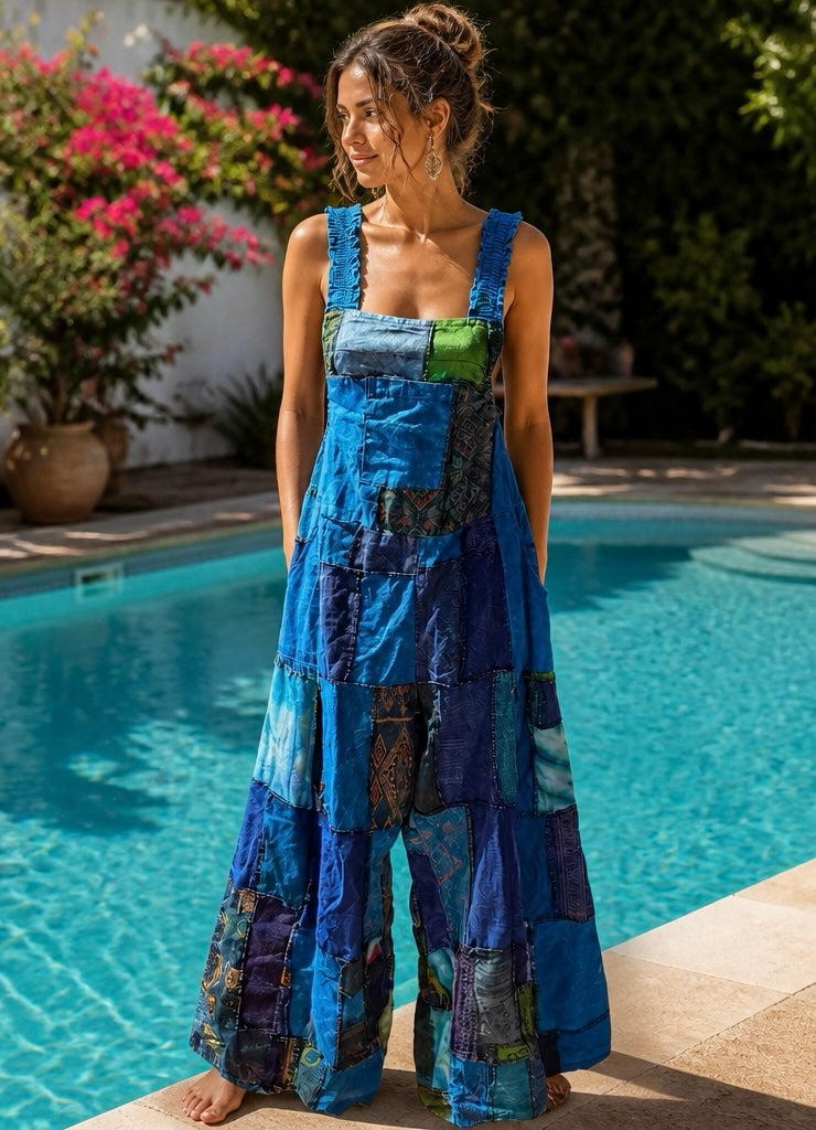 Ariel La Boutique patchwork wide leg sleeveless jumpsuit in blue and green tones worn by a woman by a pool.