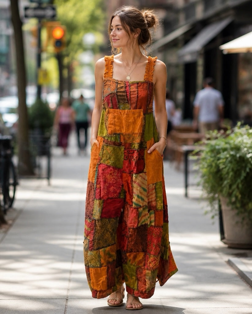 Ariel La Boutique bohemian patchwork wide-leg jumpsuit in earthy tones with ruffled straps and pockets on a city street