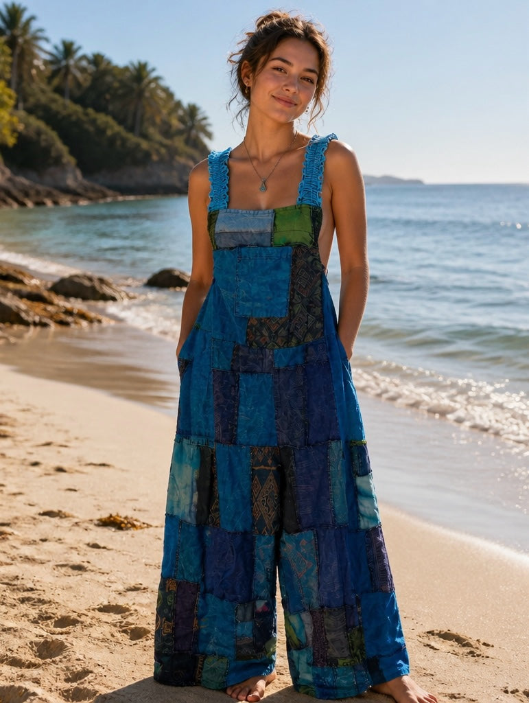 Ariel La Boutique patchwork wide-leg jumpsuit in blue and green tones with textured straps on a sunny beach.