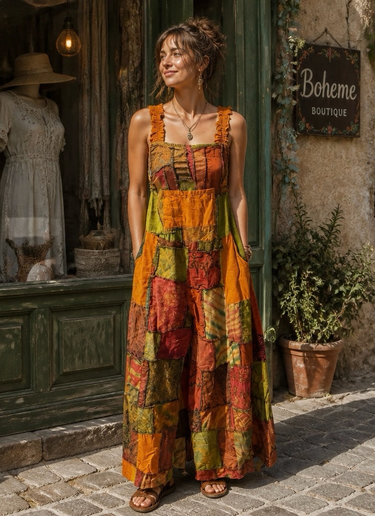 Ariel La Boutique bohemian patchwork wide-leg jumpsuit in earthy tones with ruffled straps and pockets on a woman.