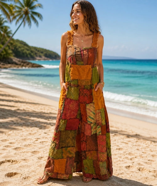 Ariel La Boutique bohemian patchwork wide-leg jumpsuit in earthy tones with ruffled straps on a sunny beach.