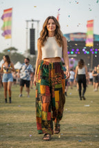 Ariel La Boutique bohemian patchwork wide-leg trousers in earthy tones worn by a woman at a summer music festival.