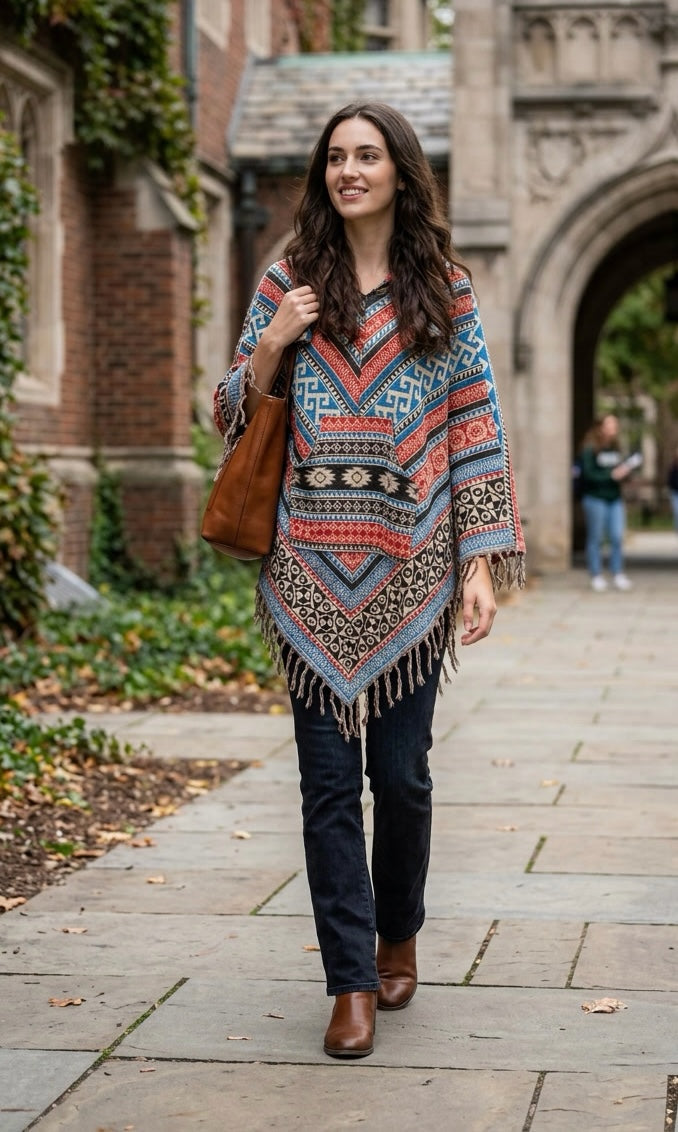 Ariel La Boutique unisex hooded poncho with vibrant geometric patterns, fringe hem, and kangaroo pocket on a model.
