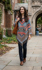 Ariel La Boutique unisex hooded poncho with vibrant geometric patterns, fringe hem, and kangaroo pocket on a model.