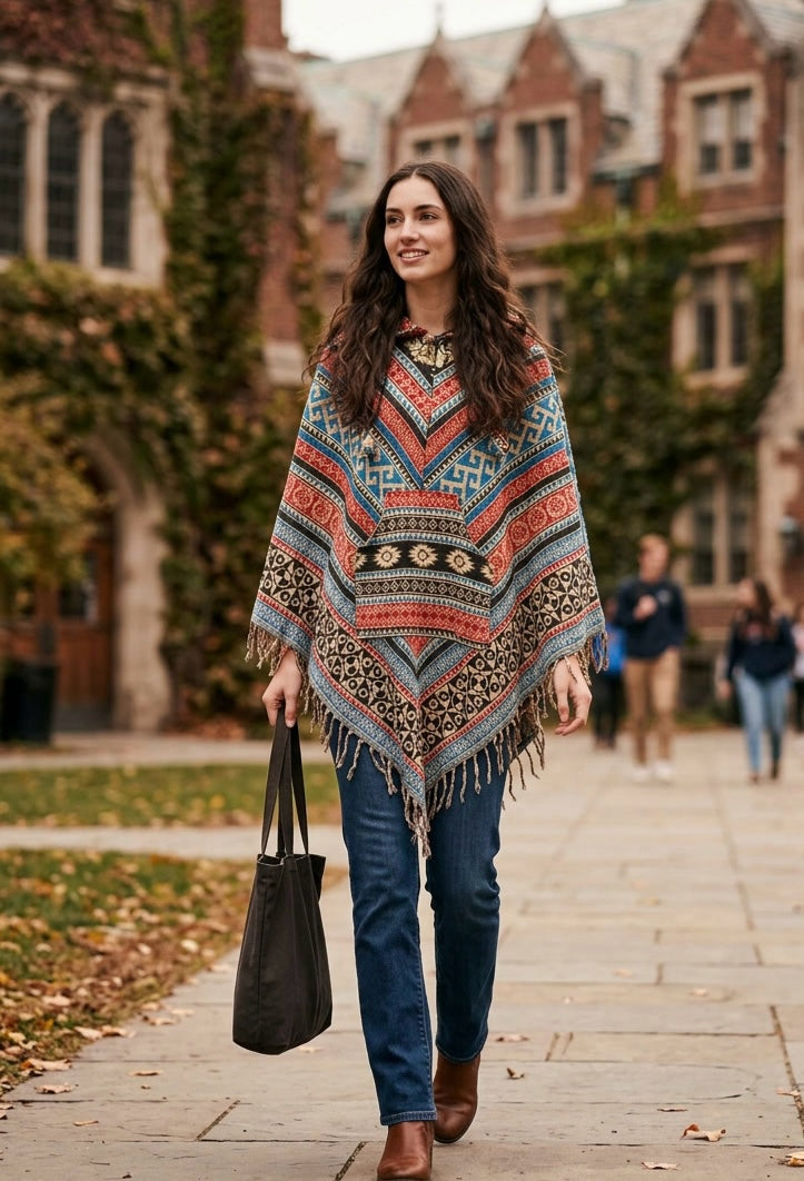 Ariel La Boutique unisex hooded poncho with vibrant southwestern geometric patterns, fringe hem, and kangaroo pocket.