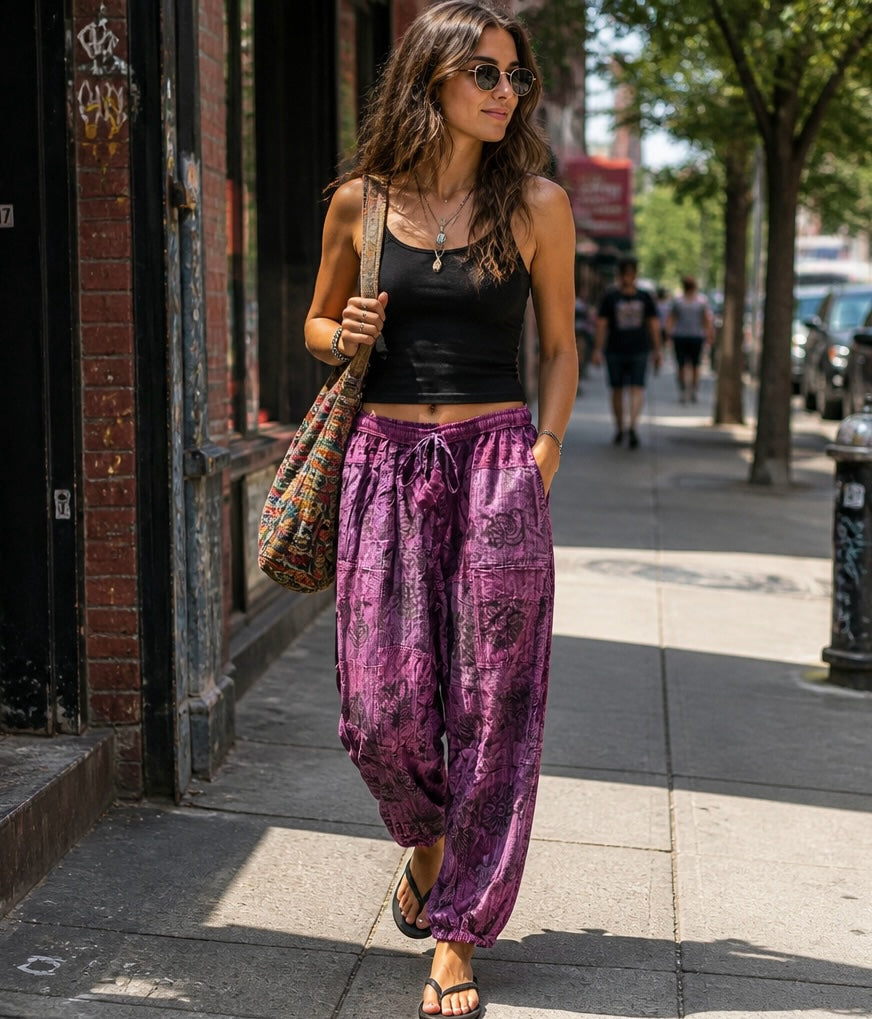 Ariel La Boutique purple bohemian harem pants with drawstring waist and pockets worn by a woman on a city street.