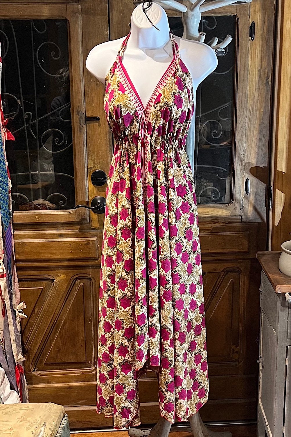 Boho Silk Dress, Bohemian Halter, Dress Ethnic Beach Dress, Festival Dress, Hippie Dress, Vintage Recycled Silk Dress, Boho Chic Gypsy Dress