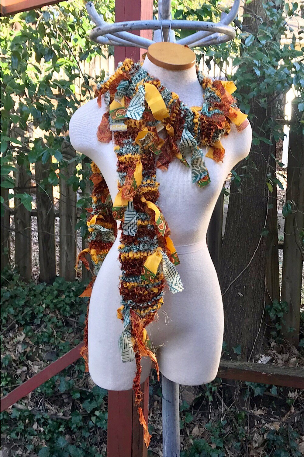 Boho Fringe festival Scarf bohemian silk Recycled vintage silk sari Fabric ribbons, Hippie Hand Knitted Scarf Boho Hippie Clothing