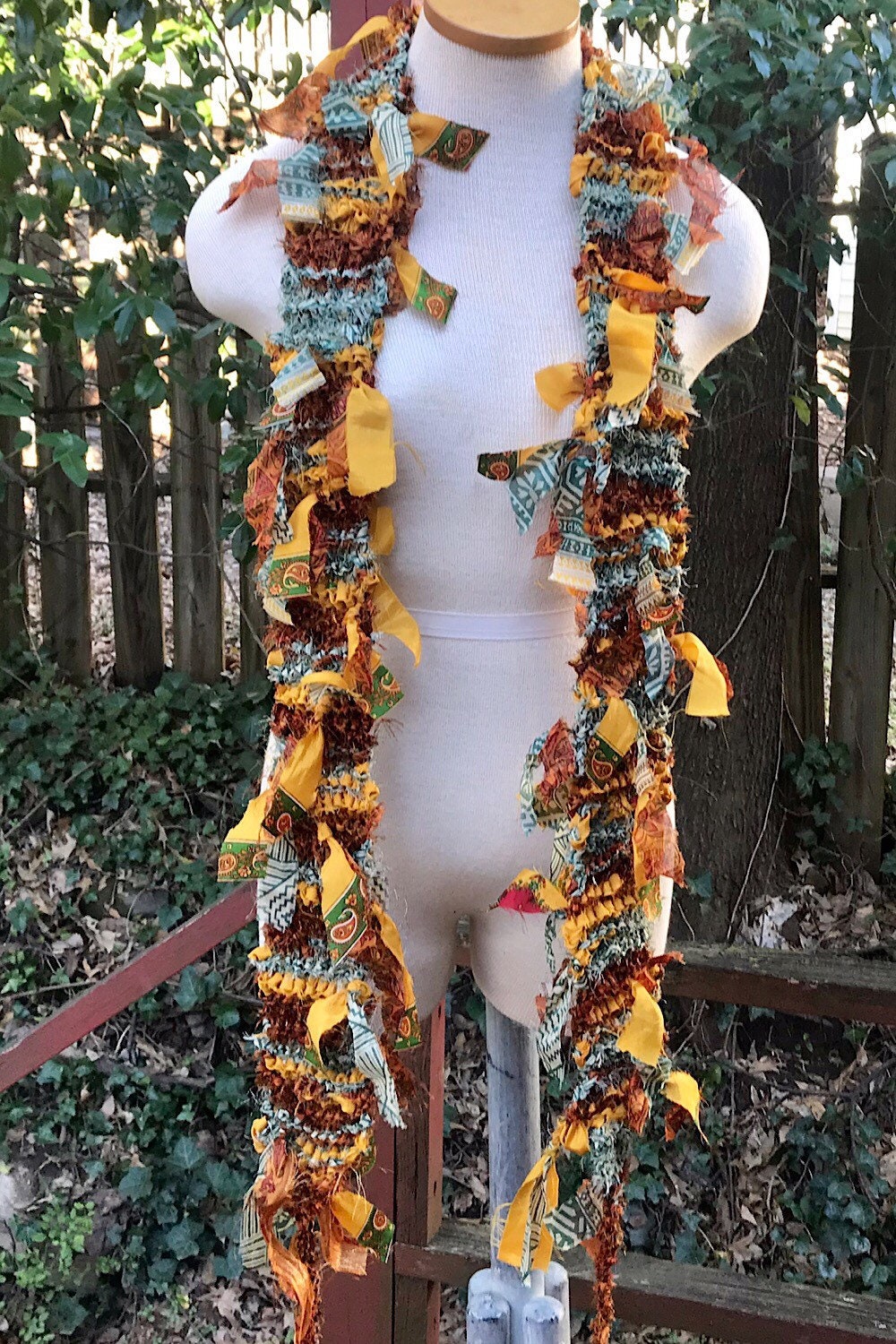 Boho Fringe festival Scarf bohemian silk Recycled vintage silk sari Fabric ribbons, Hippie Hand Knitted Scarf Boho Hippie Clothing