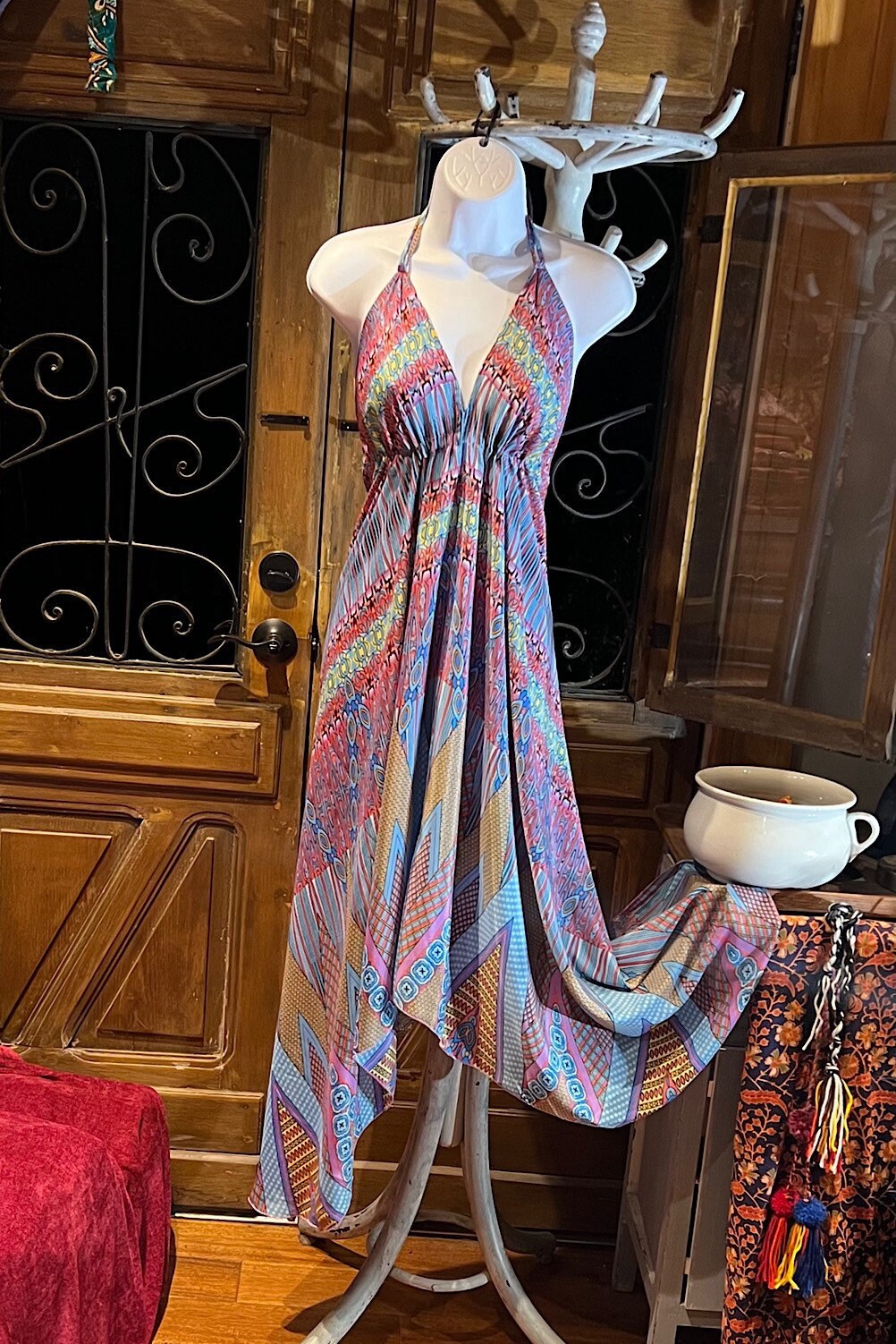 Boho Silky Dress, Bohemian Halter, Dress Ethnic Beach Dress, Festival Dress, Hippie Dress, Vintage Silk style Dress, Boho Chic Gypsy Dress