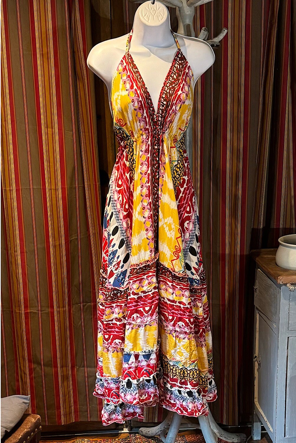 Boho Long Ruffle Dress, Hippie Dress, Open back Dress, Bohemian Festival Ethnic Dress, Boho Dress, Beach Halter Ruffle Boho Gypsy Dress