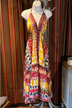 Boho Long Ruffle Dress, Hippie Dress, Open back Dress, Bohemian Festival Ethnic Dress, Boho Dress, Beach Halter Ruffle Boho Gypsy Dress
