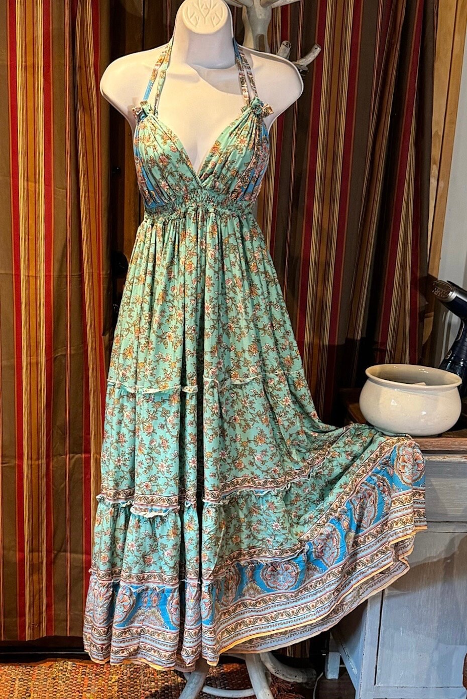 Boho Long Ruffle Dress, Hippie Dress, Open back Dress, Bohemian Festival Ethnic Dress, Boho Dress, Beach Halter Ruffle Boho Gypsy Dress