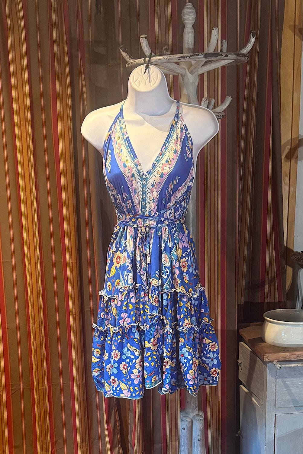 Boho Ruffle Dress, Hippie Dress, Open back Dress, Bohemian Festival Ethnic Dress, Boho Dress, Beach Halter Ruffle Dress Gypsy Boho Dress