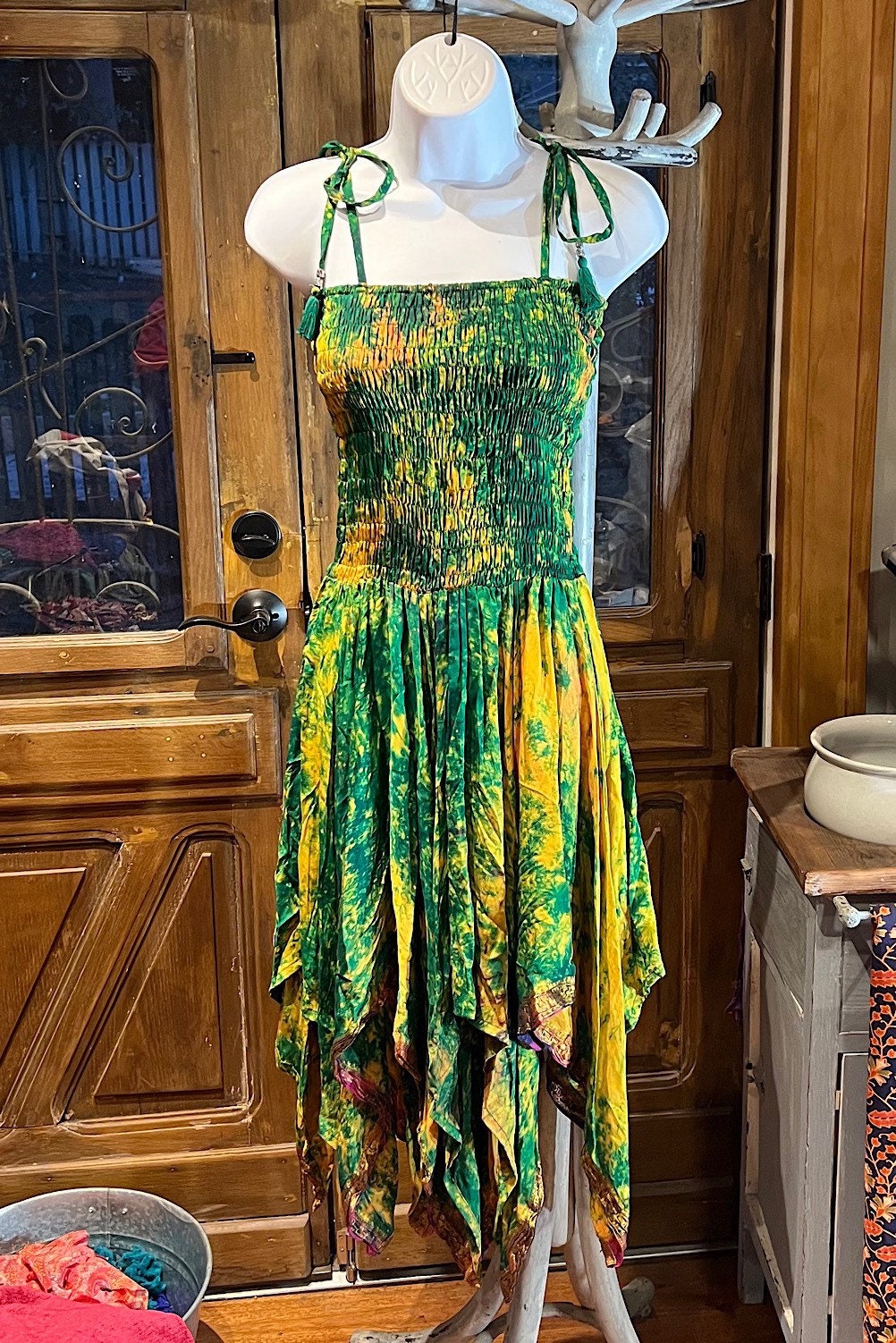 Bohemian Dress,  Tie Dye Vintage Sari Silk Bohemian Boho Chic Festival Ethnic Hippie Summer dress, Gypsy Dress, Fairy Beach Boho Dress,