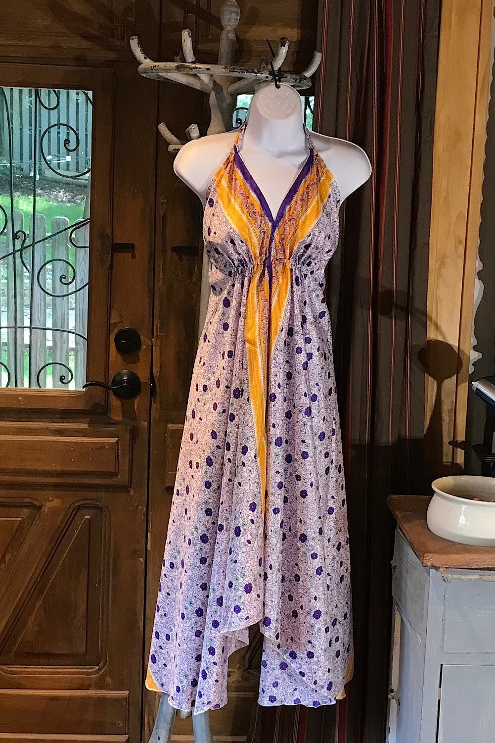 Boho Silk Dress, Bohemian Halter, Dress Ethnic Beach Dress, Festival Dress, Hippie Dress, Vintage Recycled Silk Dress, Boho Chic Gypsy Dress