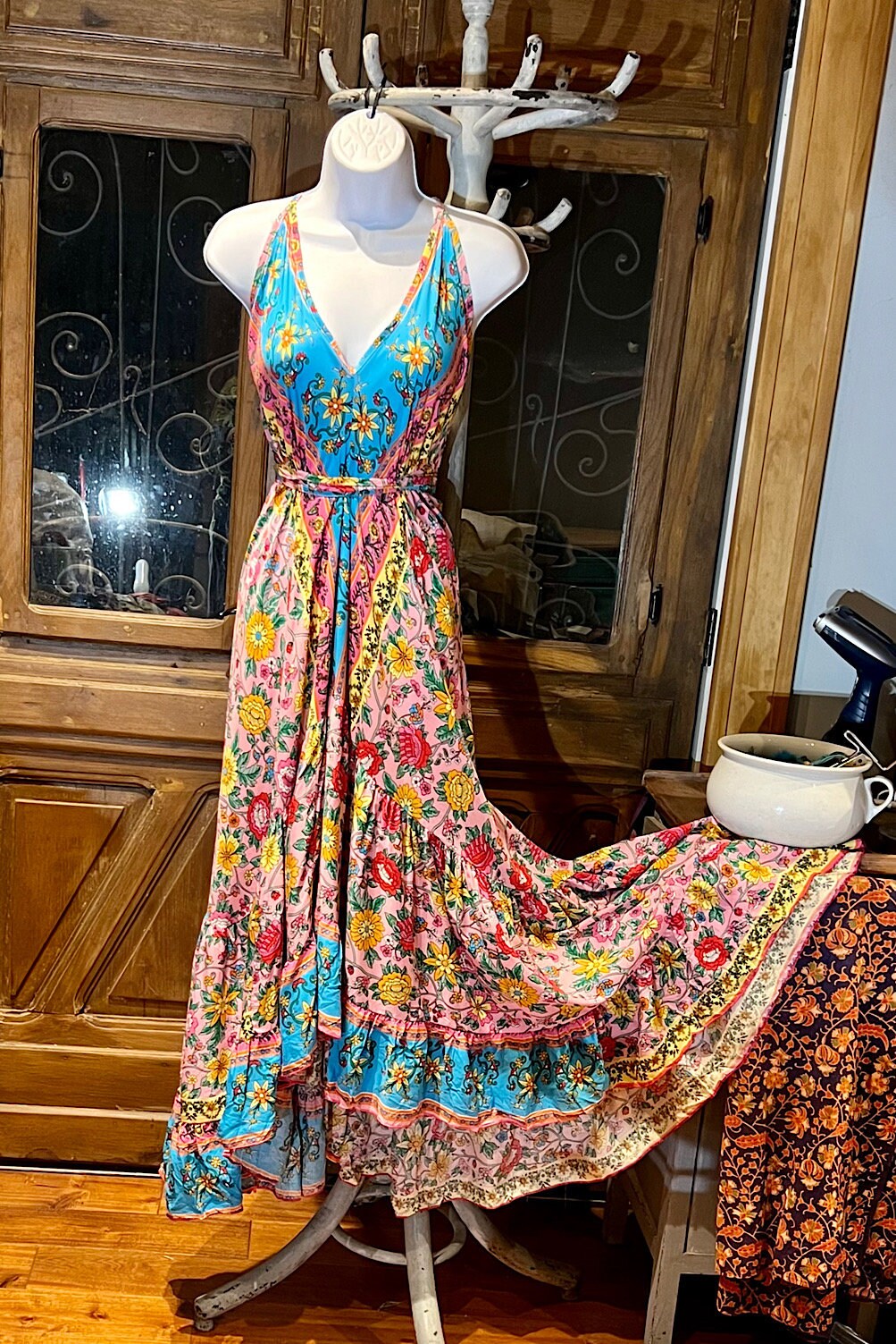 Boho Ruffle Long Dress, Hippie Dress, Open back Dress, Bohemian Festival Ethnic Dress, Boho Chic Dress, Beach Halter Ruffle Gypsy Dress
