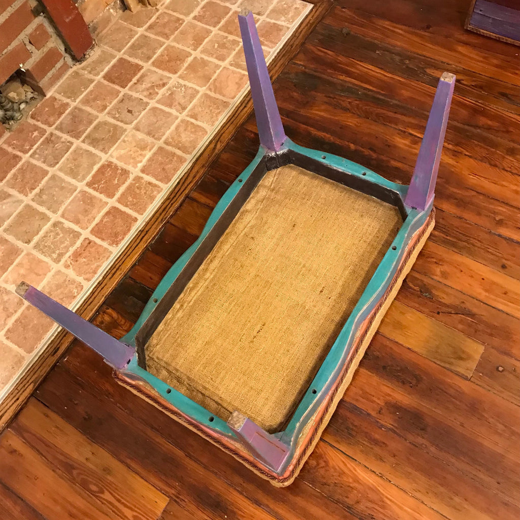 Vintage Vanity Rustic Bench, Hand painted Antique Bench, old Mid Century Farm house chalk painted bench, Burlap Upholstered vintage stool