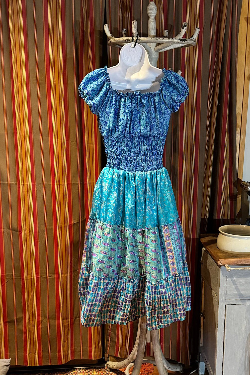Boho Silk Dress, Vintage Ruffle Short Dress, Hippie Bohemian Dress, Gypsy Boho Dress Festival Dress, Recycled Ethnic Patch work Sari Dress
