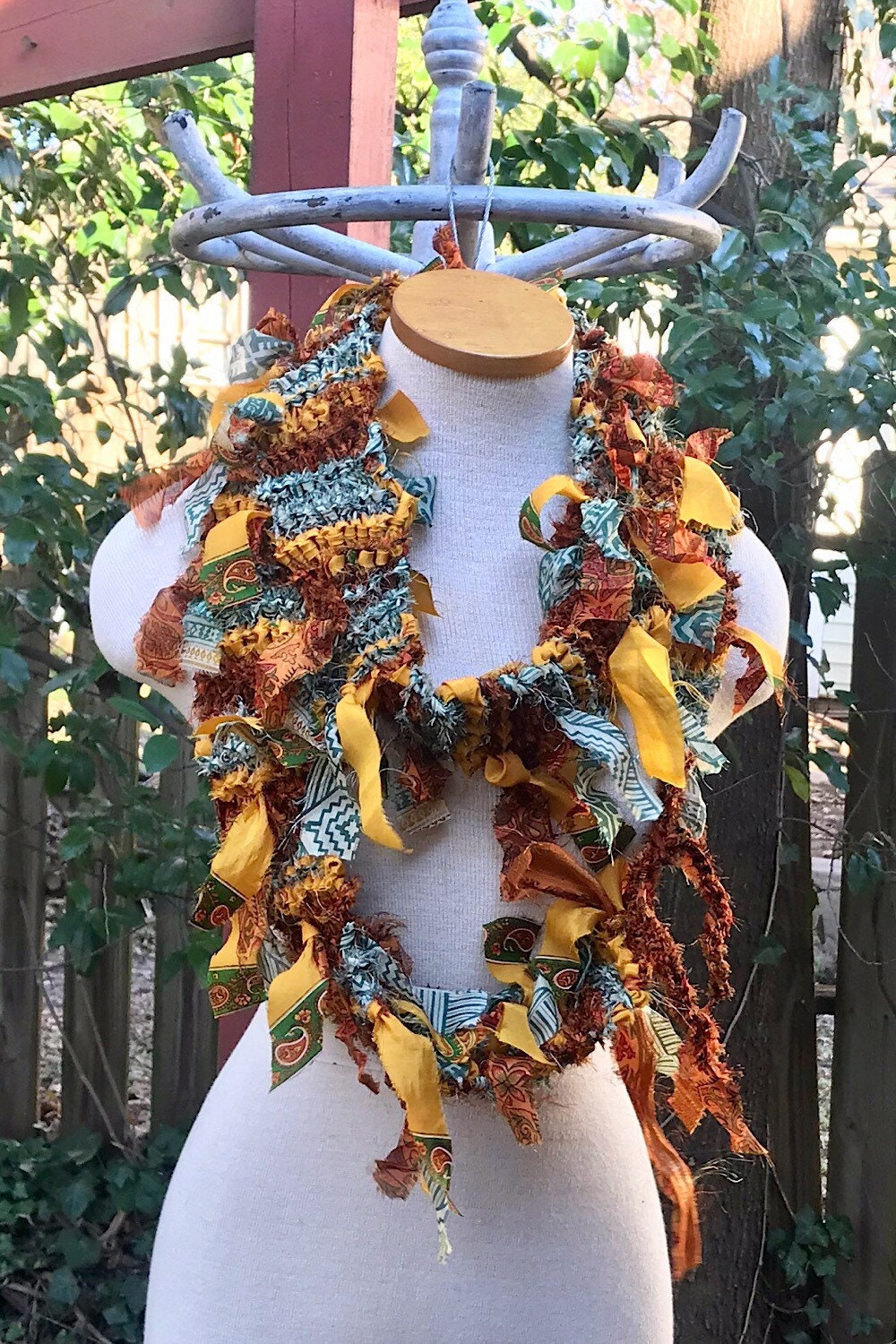Boho Fringe festival Scarf bohemian silk Recycled vintage silk sari Fabric ribbons, Hippie Hand Knitted Scarf Boho Hippie Clothing
