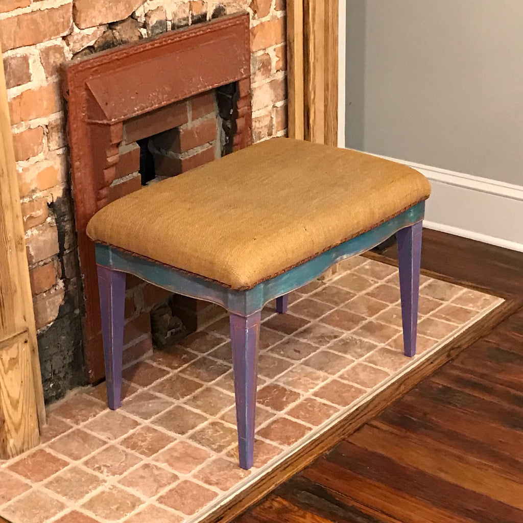 Vintage Vanity Rustic Bench, Hand painted Antique Bench, old Mid Century Farm house chalk painted bench, Burlap Upholstered vintage stool