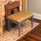 Vintage Vanity Rustic Bench, Hand painted Antique Bench, old Mid Century Farm house chalk painted bench, Burlap Upholstered vintage stool
