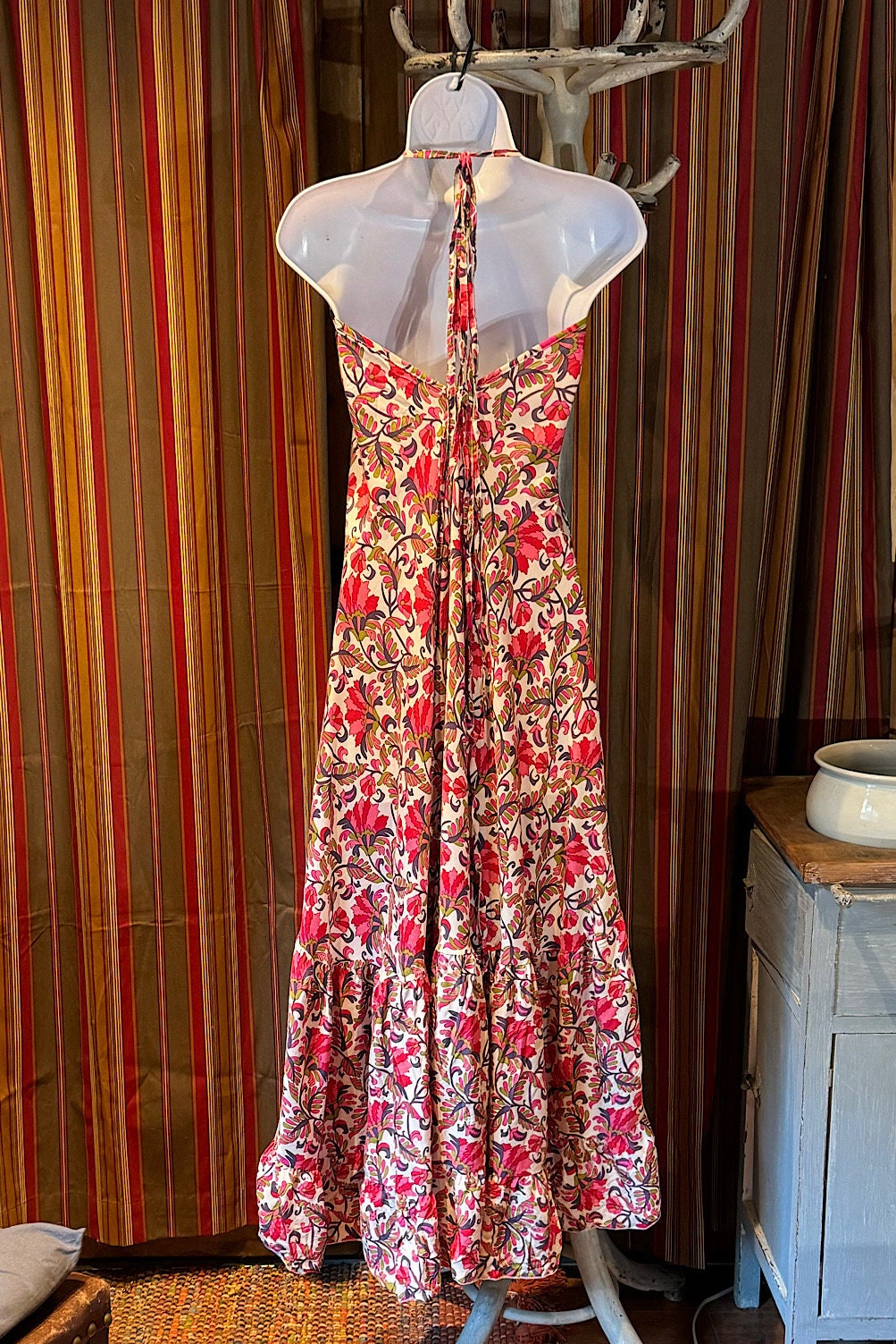 Boho Ruffle Long Dress, Hippie Dress, Open back Dress, Bohemian Festival Ethnic Dress, Boho Chic Dress, Beach Halter Ruffle Gypsy Dress
