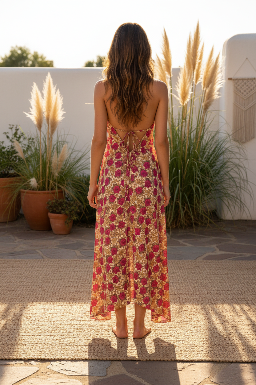 Boho Silk Dress, Bohemian Halter, Dress Ethnic Beach Dress, Festival Dress, Hippie Dress, Vintage Recycled Silk Dress, Boho Chic Gypsy Dress