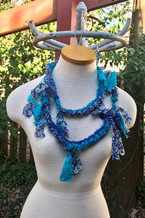 Boho festival Rope Belt necklace Scarf, bohemian silk Recycled vintage silk sari Fabric ribbons, Hippie Crocheted Belt, Boho Hippie Clothing