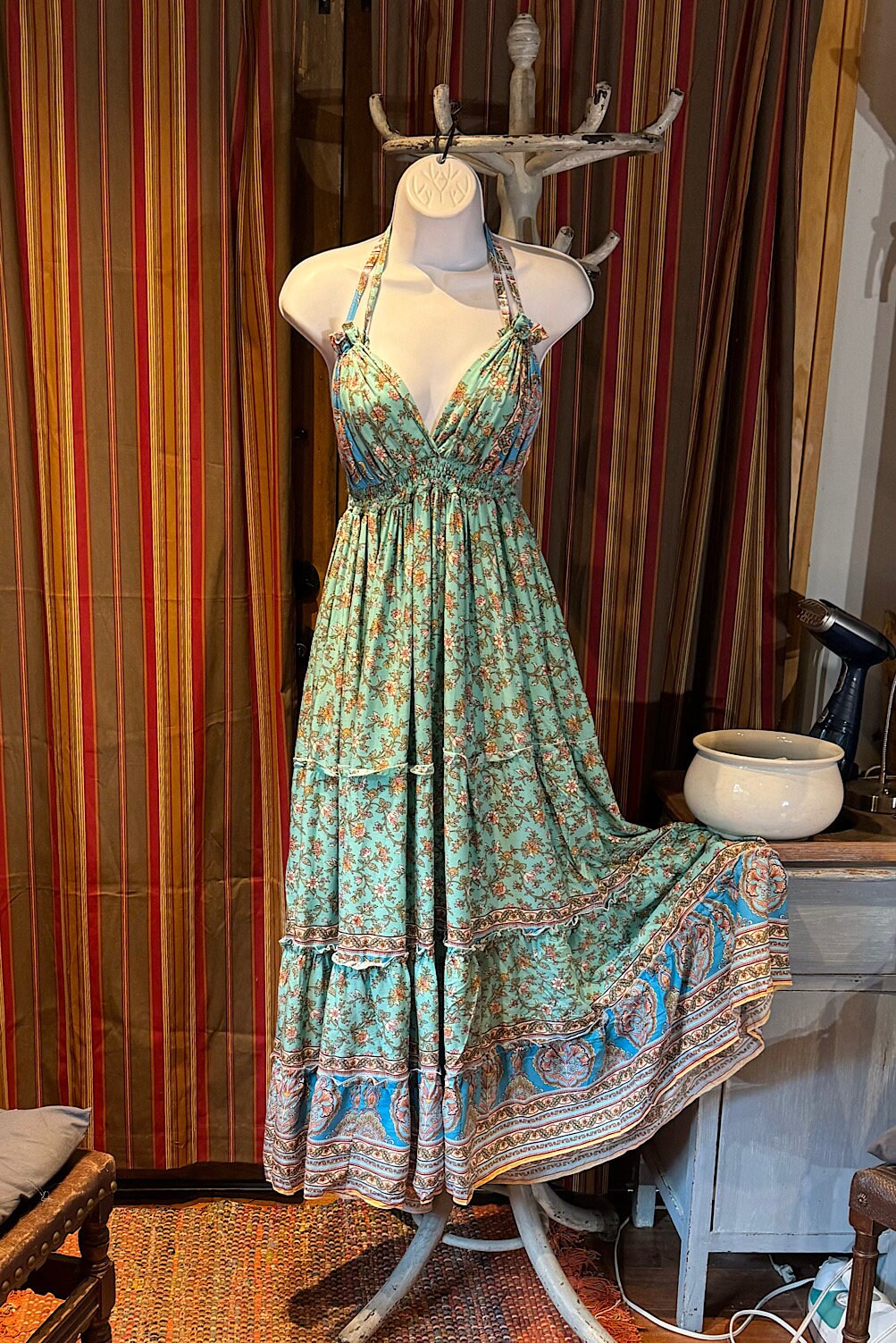 Boho Long Ruffle Dress, Hippie Dress, Open back Dress, Bohemian Festival Ethnic Dress, Boho Dress, Beach Halter Ruffle Boho Gypsy Dress