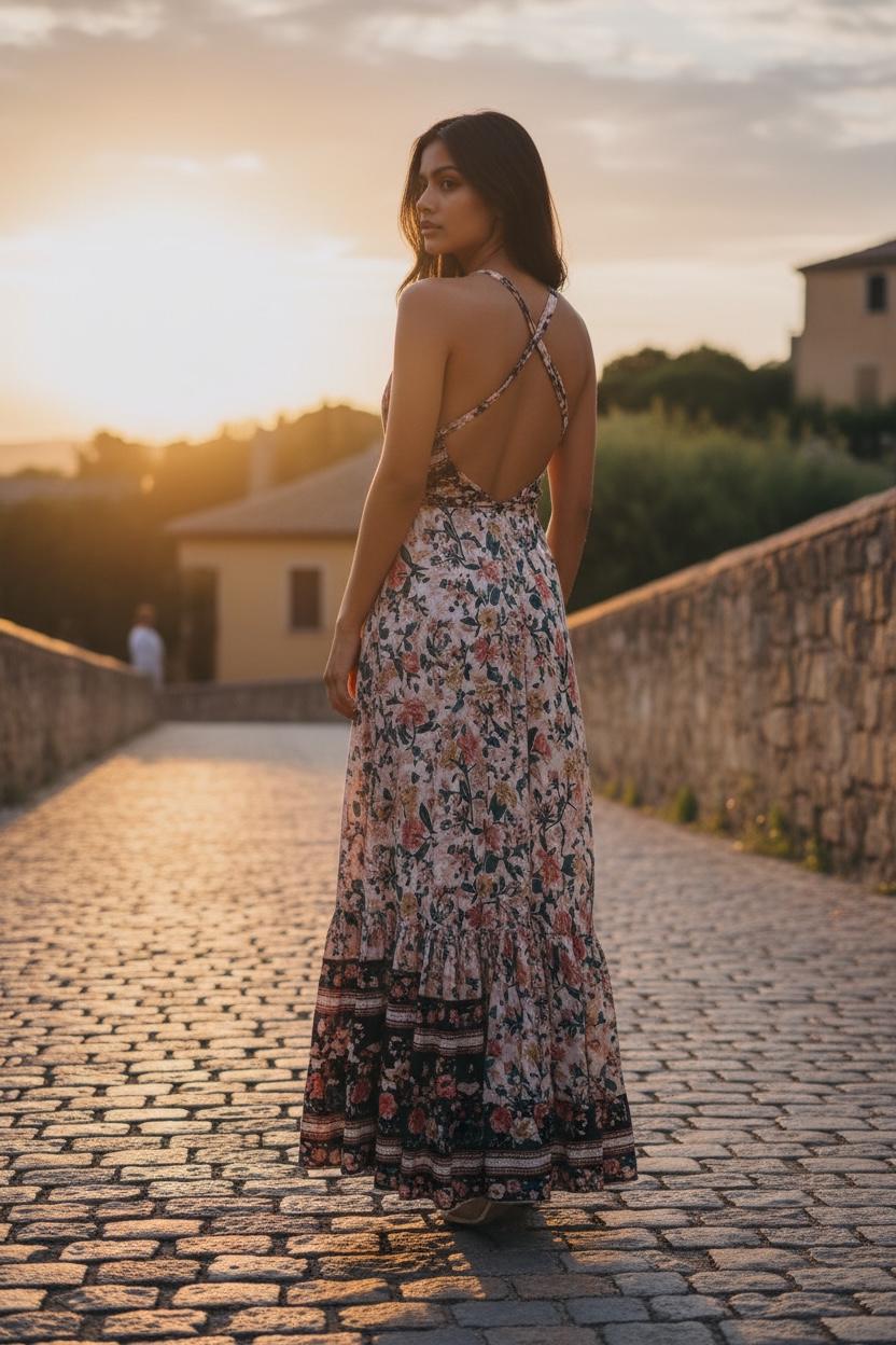 Boho Ruffle Long Dress, Hippie Dress, Open back Dress, Bohemian Festival Ethnic Dress, Boho Chic Dress, Beach Halter Ruffle Gypsy Dress