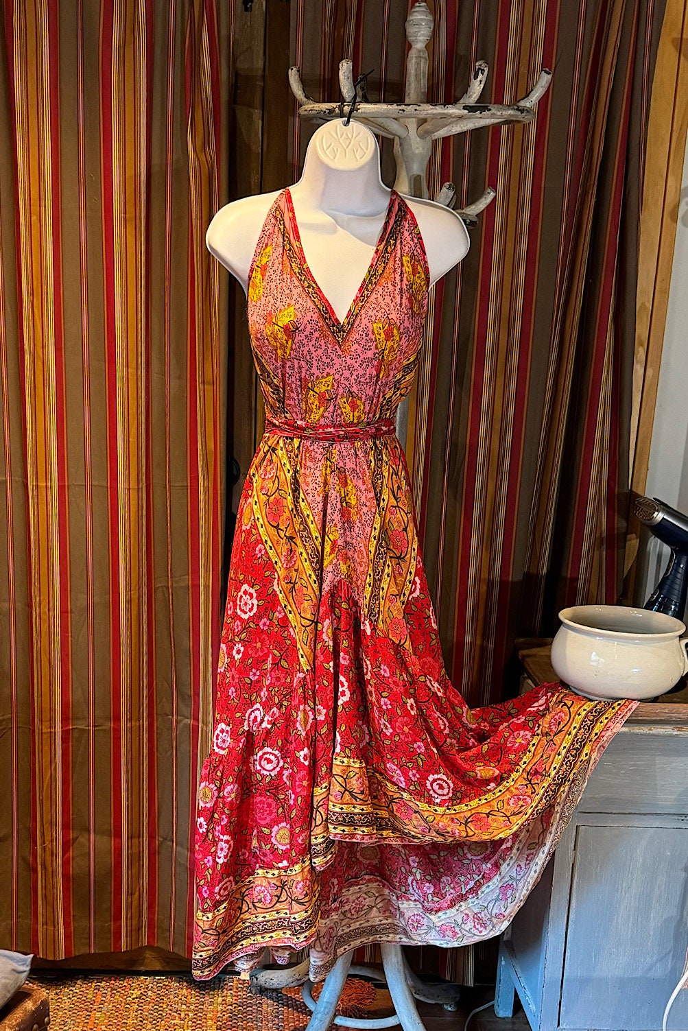 Boho Ruffle Long Dress, Hippie Dress, Open back Dress, Bohemian Festival Ethnic Dress, Boho Chic Dress, Beach Halter Ruffle Gypsy Dress