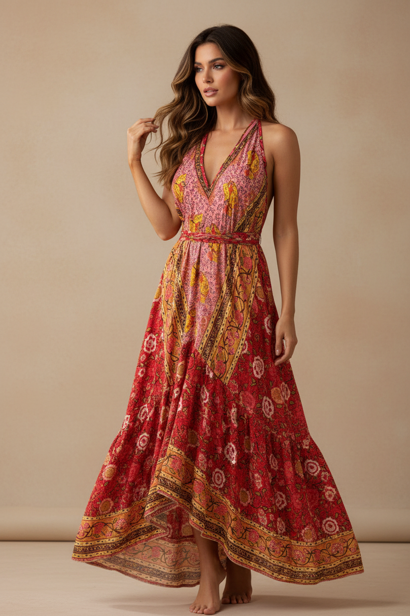 Boho Ruffle Long Dress, Hippie Dress, Open back Dress, Bohemian Festival Ethnic Dress, Boho Chic Dress, Beach Halter Ruffle Gypsy Dress
