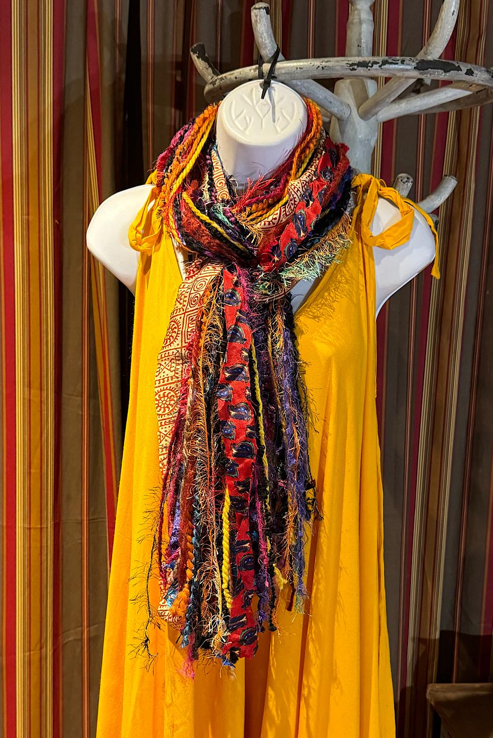 Boho Fringe Festival Long Scarf, gift for her, Yarn Ribbon Scarf,Bohemian Recycled Vintage Silk Sari Yarns Ribbons, Hippie Fringe Scarf