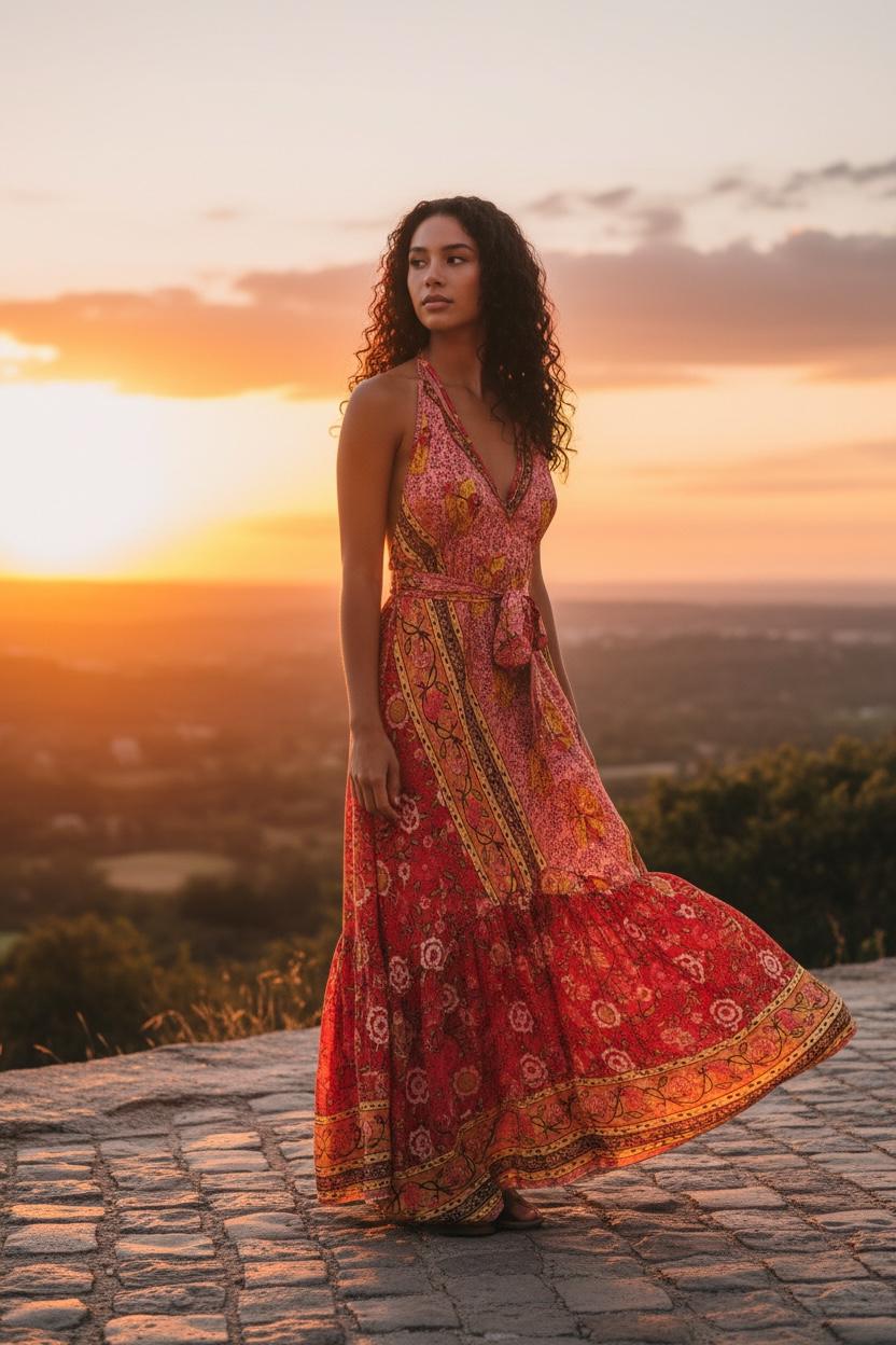 Boho Ruffle Long Dress, Hippie Dress, Open back Dress, Bohemian Festival Ethnic Dress, Boho Chic Dress, Beach Halter Ruffle Gypsy Dress