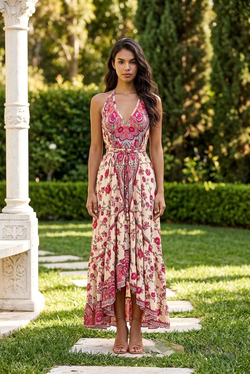 Boho Ruffle Long Dress, Hippie Dress, Open back Dress, Bohemian Festival Ethnic Dress, Boho Chic Dress, Beach Halter Ruffle Gypsy Dress