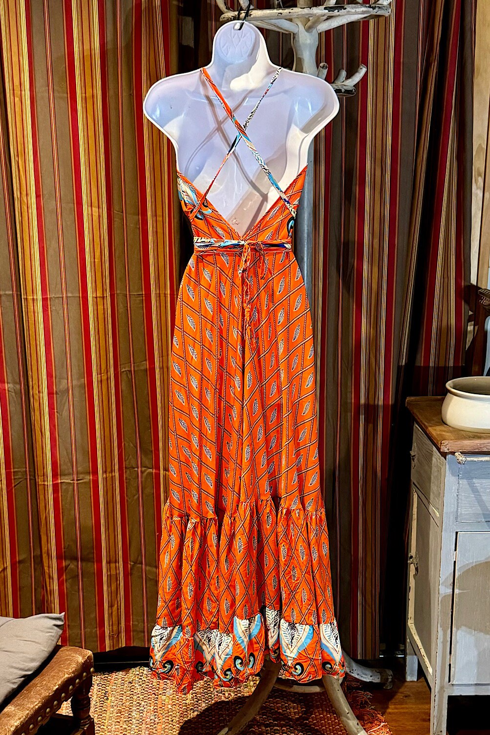 Boho Ruffle Long Dress, Hippie Dress, Open back Dress, Bohemian Festival Ethnic Dress, Boho Chic Dress, Beach Halter Ruffle Gypsy Dress