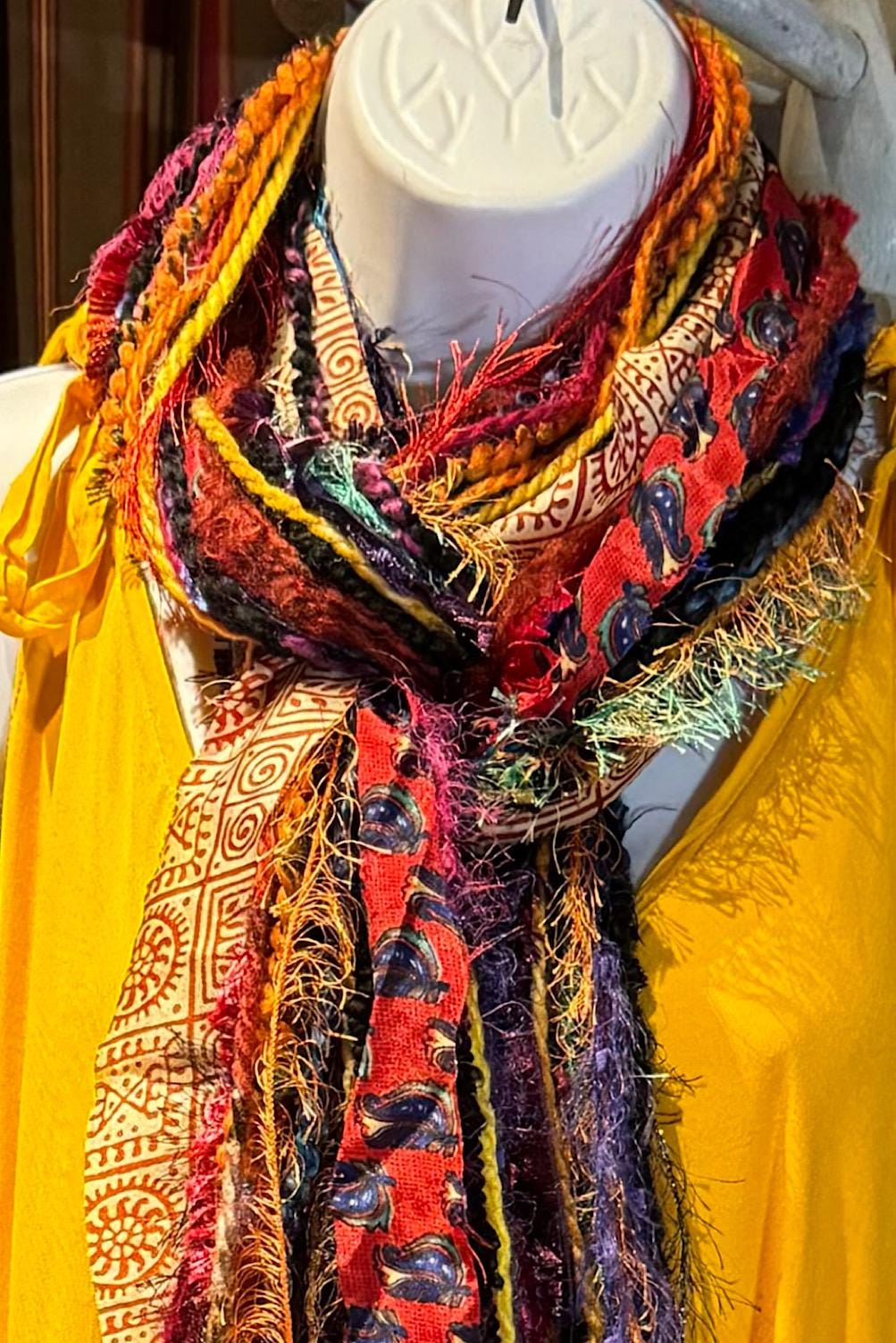 Boho Fringe Festival Long Scarf, gift for her, Yarn Ribbon Scarf,Bohemian Recycled Vintage Silk Sari Yarns Ribbons, Hippie Fringe Scarf