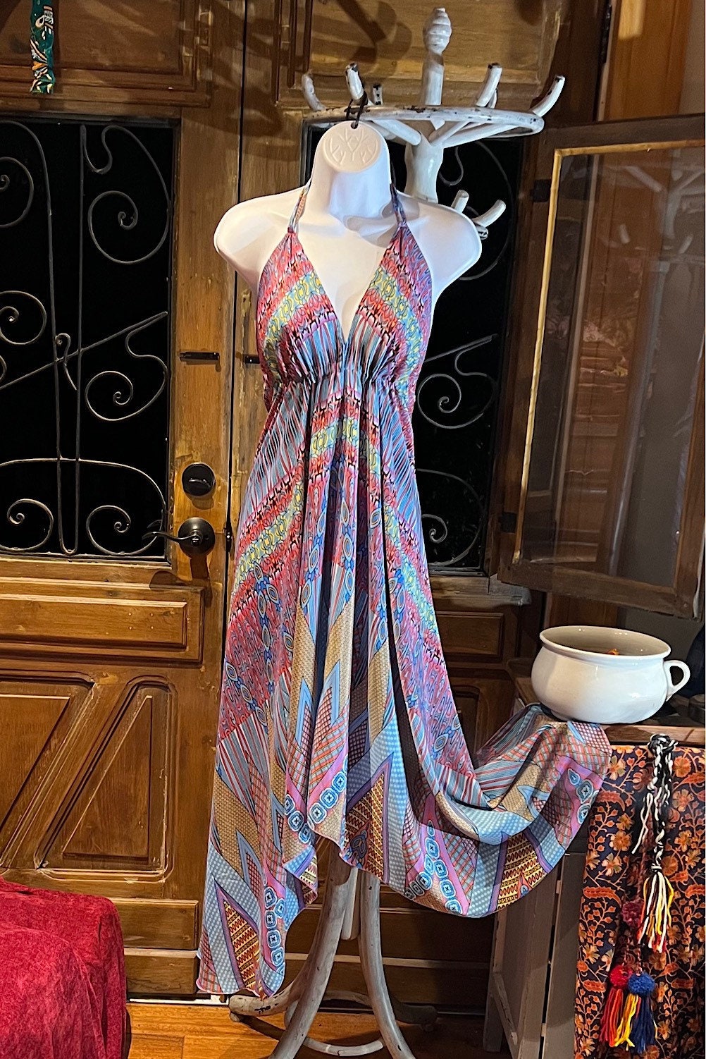 Boho Silky Dress, Bohemian Halter, Dress Ethnic Beach Dress, Festival Dress, Hippie Dress, Vintage Silk style Dress, Boho Chic Gypsy Dress