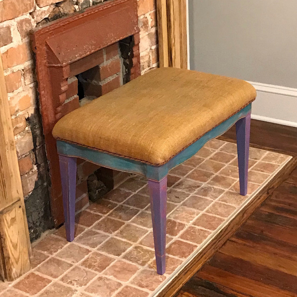 Vintage Vanity Rustic Bench, Hand painted Antique Bench, old Mid Century Farm house chalk painted bench, Burlap Upholstered vintage stool